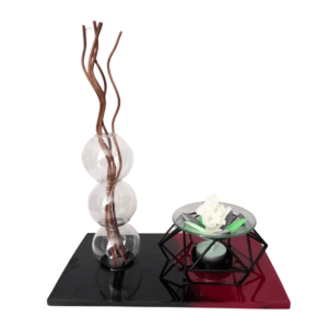 Support en résine époxy en forme de rectangle comprenant un brûleur de fondant, un vase en verre créatif, 1 chauffe plat et une coupelle garnie au parfum choisi,Sera fourni avec 50lm de la fragrance au choix et de 6 bâtons en rotin.