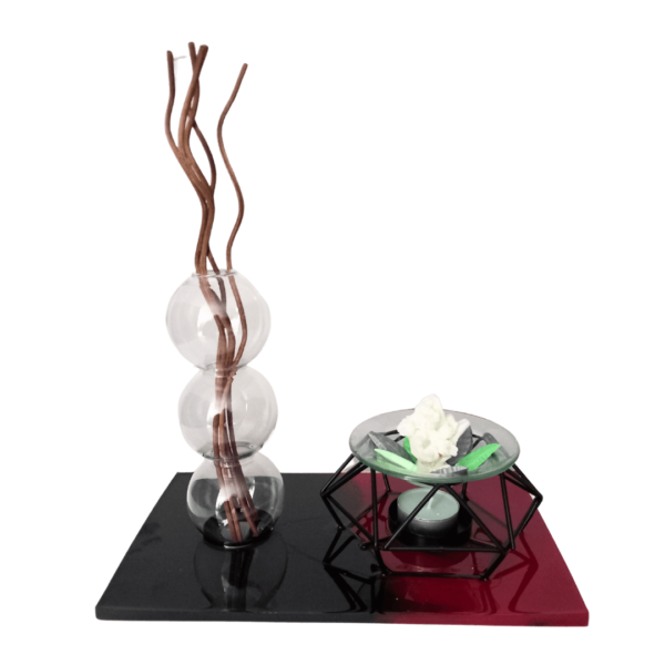 Support en résine époxy en forme de rectangle comprenant un brûleur de fondant, un vase en verre créatif, 1 chauffe plat et une coupelle garnie au parfum choisi,Sera fourni avec 50lm de la fragrance au choix et de 6 bâtons en rotin.