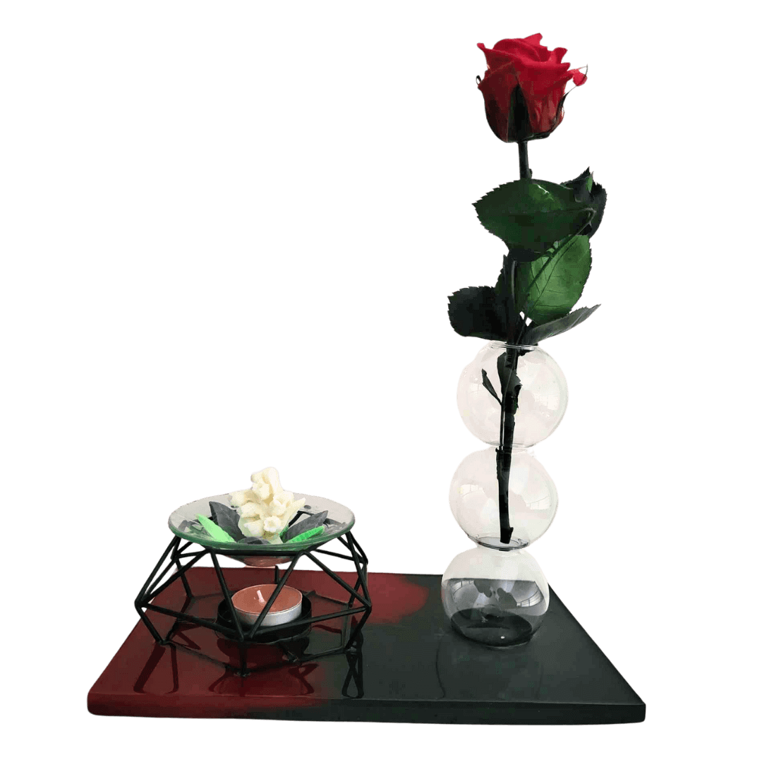 Décor produit (363 x 363 px) (5) (1) Support en résine epoxy rectangle comprenant un brûleur de fondants, un vase en forme de bulle, 1 chauffe plat et une coupelle garnie selon le parfum choisi